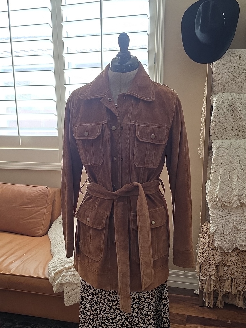 Lucky Brand Chestnut Brown Suede Belted Utility Jacket